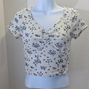 SHEIN Floral Twist Front Blouse - Cream and Blue